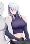  1boy 1girl ^_^ abs absurdres ak-15_(girls&#039;_frontline) bare_shoulders breasts closed_eyes closed_mouth girls&#039;_frontline gloves grey_hair hair_over_one_eye head_tilt hetero highres large_breasts locked_arms long_hair midriff muscular muscular_female navel one_eye_covered purple_eyes saiun_sigma simple_background sweat sweating_profusely white_background 