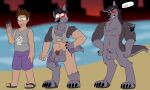  2022 5:3 5_fingers anthro balls beach black_claws black_nose bottomwear brown_hair canid canid_demon chest_tuft claws clothing demon detectivecoon digital_media_(artwork) eyebrows fingers flip_flops food footwear fur genitals grey_body grey_fur growth hair hellhound helluva_boss holding_food holding_object human human_to_anthro male mammal muscular muscular_anthro muscular_male navel penis popsicle red_sclera sandals seaside sharp_teeth shirt shorts species_transformation tattoo teeth tf_into_fictional_character toe_claws tongue tongue_out topwear torn_bottomwear torn_clothing torn_shirt torn_shorts torn_topwear transformation tuft vortex_(helluva_boss) 