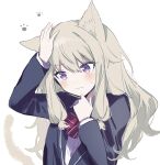  1girl animal_ears blazer blue_jacket blush cat_ears cat_tail closed_mouth commentary diagonal-striped_bowtie jacket kamiyama_high_school_uniform_(sekai) kemonomimi_mode kusanagi_nene long_hair long_sleeves project_sekai purple_eyes school_uniform shirt simple_background skunlv solo sweat symbol-only_commentary tail upper_body white_background white_shirt 