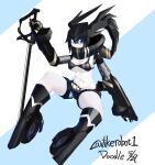  absurdres belt bikini black_bikini black_hair black_rock_shooter black_rock_shooter_(character) blue_eyes colored_skin highres i_like_robot joints mecha_musume mechanical_arms mechanical_legs robot_joints short_shorts shorts swimsuit sword weapon wheel white_belt white_skin 