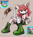  absurd_res anthro anthrofied biped boots cattail_(pvz) cel_shading clothed clothing combat_boots cutlery digital_media_(artwork) domestic_cat duct_tape ear_piercing electronic_arts elemental_creature felid feline felis female flora_fauna footwear fur fur_tuft green_boots green_clothing green_footwear hair hat headgear headwear hi_res kitchen_knife kitchen_utensils knife mammal peargor piercing pink_beanie pink_clothing pink_hair pink_hat pink_headwear plant plants_vs._zombies popcap_games shaded shirt simple_background sitting solo tape tools topwear tuft video_games weapon white_body white_fur 