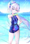  1girl absurdres bangs blue_eyes breasts character_request closed_mouth elsword food hair_ornament hairclip highres holding holding_food licking_lips light_purple_hair long_hair ocean pointy_ears ponytail shirt shorts sleeveless sleeveless_shirt small_breasts solo standing tj tongue tongue_out water 