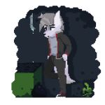 against_surface against_wall angry_eyes anthro backalley blue_eyes canid canine canis clothing detailed_background digital_media_(artwork) dumpster fur grey_body grey_fur hand_in_pocket hi_res jacket male mammal pixel_(artwork) pockets rookiecookie topwear wolf 