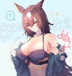  1girl ? animal_ears bangs bare_shoulders bikini black_bikini blush breasts brown_hair cleavage crowd green_jacket hair_between_eyes half-closed_eyes highres horse_ears jacket large_breasts long_hair mmmt0a4w0a6k navel red_eyes sirius_symboli_(umamusume) solo spoken_question_mark sweat swimsuit umamusume undressing upper_body v-shaped_eyebrows 