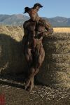  2021 3d_(artwork) abs anthro balls blender_(software) bovid bovine caprine crossed_legs curled_horns digital_media_(artwork) erection european_mythology farm farmland field genitals glowing glowing_eyes goat greek_mythology hay hay_bale hi_res horizon horn humanoid_genitalia looking_at_viewer male mammal minotaur mountain mouth_closed muscular muscular_anthro muscular_male mythology navel nipples nude orange_eyes outside pecs penis shadow smile solo ugnaughtsden veiny_muscles 