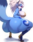  anthro big_breasts big_butt blue_body blue_fur bottomless bra breasts butt canid canine clothed clothing crouching eye_patch eyewear female fluffy fluffy_tail footwear fox fur hair high_heels huge_butt hyper hyper_butt looking_at_viewer looking_back mammal mostly_nude raised_tail shadow simple_background smile solo underwear vicioustyrant white_background white_hair 