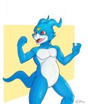  2021 anthro bandai_namco belly blue_body chubby_anthro chubby_male claws digimon digimon_(species) facial_horn fangs fist head_turned hi_res horn jimfoxx looking_away male nose_horn nude open_mouth pose red_eyes scalie slightly_chubby solo spread_legs spreading standing tongue veemon white_belly 
