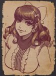  1girl bliss_barson bow breasts cryamore curly_hair earrings faux_traditional_media hair_bow jewelry large_breasts lips long_hair mole mole_under_eye monochrome robaato scarf sepia smile solo upper_body 