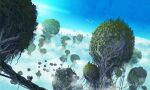  1other above_clouds ambiguous_gender bird cloud commentary dutch_angle fishbowl_helmet floating_island from_behind giant_tree glowing highres nature original scenery science_fiction sinsin08051 sky spacesuit standing_on_branch tree very_wide_shot 