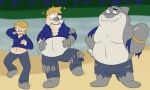  2022 5:3 anthro beach belly belly_expansion blonde_hair clothing detectivecoon digital_media_(artwork) dreamworks expansion eyebrows eyewear fin fish glasses green_eyes grey_body growth hair hair_loss human human_to_anthro male mammal marine mr._shark_(the_bad_guys) navel overweight overweight_anthro overweight_male ring seaside shark sharp_teeth smile species_transformation standing sweater teeth tf_into_fictional_character the_bad_guys topwear torn_clothing transformation 