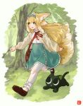  1girl :d animal_ears ankle_cuffs arknights black_cat blonde_hair blue_hairband brown_footwear cardigan cat forest fox_ears fox_girl fox_tail frilled_hairband frills grass green_eyes hair_down hairband highres kitsune long_hair luoxiaohei multiple_tails nature neck_ribbon official_alternate_costume open_cardigan open_clothes open_mouth outdoors pantyhose red_ribbon ribbon running shima_(wideshi_ma) shoes smile solo suzuran_(arknights) suzuran_(spring_praise)_(arknights) tail the_legend_of_luo_xiaohei tree triangle_mouth white_pantyhose yellow_cardigan 