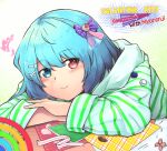  1girl alternate_costume blue_eyes blue_hair bow closed_mouth english_text ginnkei hair_bow hair_ornament heart heterochromia hood hoodie karakasa_obake long_sleeves looking_at_viewer purple_bow purple_umbrella rainbow_order red_eyes short_hair smile solo striped striped_hoodie tatara_kogasa touhou umbrella white_background x_hair_ornament 