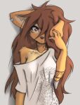  anthro apogee_(tinygaypirate) arm_tuft black_nails black_nose breasts brown_body brown_fur brown_hair canid canine canis cheek_tuft clothed clothing colored_nails cowlick domestic_dog ear_piercing facial_markings facial_piercing facial_tuft female floppy_ears fur furgonomics furry-specific_piercing grey_background hair hair_over_eye head_markings hi_res inner_ear_fluff looking_at_viewer mammal markings messy_hair mottled mottled_nose muzzle_piercing nails nose_piercing off_shoulder one_eye_obstructed piercing pink_nose print_clothing print_shirt print_topwear raised_arm shadow shirt simple_background slim solo spitz tinygaypirate topwear tuft 