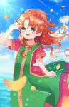  1girl blush cloud curly_hair dragon_quest dragon_quest_vii dress green_eyes highres jewelry long_hair looking_at_viewer maribel_(dq7) moyo_(senoho) open_mouth petals smile solo sparkle sun water wind 