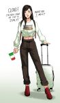  1girl absurdres backpack bag black_hair breasts brown_pants commentary cropped_sweater earrings english_commentary english_text final_fantasy final_fantasy_vii flag francisco_mon full_body highres holding holding_flag italian_flag jewelry large_breasts luggage midriff navel pants pants_rolled_up red_eyes rolling_suitcase signature solo tifa_lockhart 