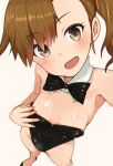  1girl asymmetrical_bangs bangs black_bow black_bowtie black_leotard blush bow bowtie breasts brown_hair detached_collar futami_mami groin highres idolmaster idolmaster_(classic) idolmaster_million_live! leotard leotard_tug looking_at_viewer looking_up playboy_bunny selfie side_ponytail simple_background small_breasts smile solo ult_zosui white_background 