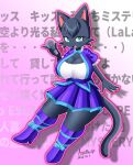  2022 anthro aozora_(tasogare_aozora) big_breasts black_body black_fur boots breasts cleavage clothed clothing curvy_figure domestic_cat dress drop_shadow felid feline felis female footwear fur green_eyes hi_res high_heeled_boots high_heels holding_microphone holding_object idol japanese_text kemono mammal microphone odd_taxi open_mouth open_smile sakura_wadagaki_(odd_taxi) shadow smile solo text text_background thick_thighs translation_request whiskers 