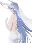  1girl absurdres animal_ears ass azur_lane bangs bare_back bare_shoulders blue_eyes blue_hair breasts bridal_veil dress fake_animal_ears gloves highres large_breasts long_hair looking_at_viewer looking_back new_jersey_(azur_lane) new_jersey_(snow-white_ceremony)_(azur_lane) simple_background smile solo veil very_long_hair wedding_dress white_background white_gloves zzo_(chorizzzzo) 