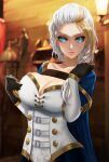  1girl blue_eyes braid breasts buttons cape cleavage corset esther_shen fantasy gold_trim human_(warcraft) jaina_proudmoore mage_(warcraft) multicolored_hair two-tone_hair warcraft world_of_warcraft 