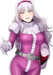  1girl :d blush breasts cosplay gloves grey_hair gundam hairband helmet highres idolmaster idolmaster_(classic) long_hair looking_at_viewer mobile_suit_gundam open_mouth pilot_suit purple_eyes shijou_takane simple_background smile solo tsurui white_background 