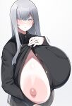  1girl absurdres black_shirt breasts gigantic_breasts grey_eyes grey_hair highres jewelry konoshige_(ryuun) large_areolae long_hair long_sleeves nipples one_breast_out original partially_unbuttoned ring shirt sidelocks solo upper_body very_long_hair wedding_ring 