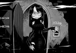  1girl ? absurdres bags_under_eyes bare_shoulders breasts closed_mouth commentary count_orlok dark dress greyscale highres large_breasts light_switch long_dress long_hair looking_at_viewer monochrome multicolored_hair nosferatu_eine_symphonie_des_grauens noss_(rariatto) open_door original parody rariatto_(ganguri) redrawn sanpaku smile solo spongebob_squarepants streaked_hair symbol-only_commentary wavy_mouth white_hair 