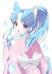  1girl animal_ears blue_hair botan_(yu_yu_hakusho) cat_ears commentary highres japanese_clothes kimono long_hair long_sleeves looking_at_viewer open_mouth ponytail purple_eyes ro_(igris-geo) simple_background smile solo white_background yu_yu_hakusho 