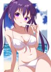  1girl absurdres arm_support beach bikini blue_sky border breasts cleavage cloud cloudy_sky collarbone food front-tie_bikini_top front-tie_top gochuumon_wa_usagi_desu_ka? hair_between_eyes hand_up highres horizon kabocya_na large_breasts long_hair looking_to_the_side navel ocean outdoors outside_border popsicle purple_eyes purple_hair side-tie_bikini_bottom sitting sky solo stomach swimsuit tedeza_rize thighs tongue tongue_out twintails white_bikini white_border 