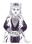  2022 5_fingers anthro canid canine canis claws clothed clothing crown digit_ring finger_claws finger_ring fingers fur hair half-length_portrait hands_together hi_res humanoid_hands jewelry looking_at_viewer male mammal necklace portrait robe signature smile snowsnow11 solo wolf 