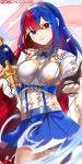  1girl alear_(fire_emblem) alear_(fire_emblem)_(female) bangs blue_eyes blue_gloves blue_hair blue_skirt braid chocojax crossed_bangs crown_braid fire_emblem fire_emblem_engage gloves hair_between_eyes head_tilt heterochromia highres holding holding_sword holding_weapon light_blush lips looking_at_viewer multicolored_hair pleated_skirt red_eyes red_hair skirt smile solo sword thighs tiara watermark weapon 