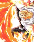  1boy awarinko bangs belt belt_buckle black_jacket blonde_hair buckle buttons cape colored_tips commentary_request demon_slayer_uniform fire flame flame_print flaming_sword flaming_weapon forehead forked_eyebrows gradient gradient_hair highres holding holding_sword holding_weapon jacket katana kimetsu_no_yaiba long_hair long_sleeves looking_at_viewer male_focus mismatched_eyebrows multicolored_hair orange_eyes ponytail red_hair rengoku_kyoujurou serious sidelocks solo sword thick_eyebrows two-tone_hair v-shaped_eyebrows weapon white_background white_belt white_cape 
