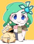  1girl blue_eyes chocobo closed_mouth dokan_(dkn) earrings fat_chocobo final_fantasy final_fantasy_iv green_hair hair_ornament jewelry long_hair looking_at_viewer rydia_(ff4) simple_background smile star_(symbol) 