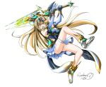  1girl aegis_sword_(xenoblade) bangs bare_legs bare_shoulders blonde_hair breasts chest_jewel cleavage cleavage_cutout clothing_cutout dress earrings elbow_gloves gem gloves headpiece highres jewelry large_breasts long_hair mythra_(xenoblade) short_dress sofusan1526 swept_bangs thigh_strap tiara very_long_hair white_dress white_footwear white_gloves xenoblade_chronicles_(series) xenoblade_chronicles_2 yellow_eyes 