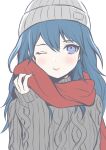  1girl :t absurdres aran_sweater bangs banned_artist beanie blue_eyes blue_hair blush breasts byleth_(fire_emblem) byleth_(fire_emblem)_(female) closed_mouth commentary_request eyelashes fingernails fire_emblem fire_emblem:_three_houses hair_between_eyes hand_up hat highres large_breasts light_smile long_hair long_sleeves looking_up one_eye_closed red_scarf scarf shimizu_akina simple_background sleeves_past_wrists solo sweater turtleneck turtleneck_sweater upper_body winter_clothes 