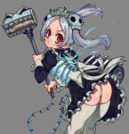  apron ass bloody_marie_(skullgirls) blue_fire blush bone fire grey_hair highres maid maid_apron maid_headdress panties pout red_eyes ribs skullgirls sweat thighhighs twintails undead underwear vacuum_cleaner waa153 