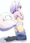  1girl absurdres animal_ears ass back black_socks blue_bra blue_hair blue_panties blue_pants bra clothes_lift clothes_pull fox_ears fox_girl fox_tail highres kneeling lifted_by_self long_sleeves machikado_mazoku oekakiism panties pants pants_pull purple_sweater riko_(machikado_mazoku) shadow short_hair simple_background socks solo sweater tail underwear white_background yellow_eyes 