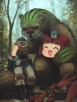  1girl :d absurdres animal bird boots claws disembodied_head dullahan english_commentary enne_(porforever) fantasy fingerless_gloves forest gloves highres lap_pillow log nature original porforever red_hair sitting sleeveless smile 