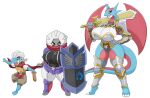  absurd_res anthro armor bagon big_breasts breast_size_difference breasts cleavage clothed clothing dragon evolutionary_family female generation_3_pokemon group hand_on_hip hi_res huge_breasts lineup melee_weapon nintendo pokemon pokemon_(species) practice_sword salamence scalie shelgon shell shield short_stack size_difference sword thick_thighs trio unconvincing_armor urusee584 video_games weapon wings wooden_sword 