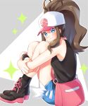  1girl bag baseball_cap black_vest blue_eyes blush boots brown_hair closed_mouth commentary_request denim denim_shorts from_side hat high_ponytail hilda_(pokemon) hugging_own_legs long_hair looking_at_viewer looking_to_the_side pink_bag pokemon pokemon_(game) pokemon_bw scbstella short_shorts shorts shoulder_bag sidelocks sitting smile solo sparkle vest wristband 