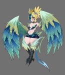  1girl absurdres bare_shoulders bird_legs blonde_hair blue_feathers blue_hair blue_wings breasts commentary darkwrath facial_mark feathered_wings feathers green_feathers green_wings grey_background harpy highres looking_at_viewer miniskirt monster_girl monster_girl_encyclopedia multicolored_hair navel pointy_ears red_eyes short_twintails simple_background skirt small_breasts smile solo tail talons thunderbird_(monster_girl_encyclopedia) tongue tongue_out twintails two-tone_hair winged_arms wings 
