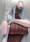 1girl adjusting_clothes adjusting_gloves breasts eyes_visible_through_hair forehead gloves labcoat large_breasts long_hair mask mouth_mask original red_eyes red_sweater simple_background solo sweater tomiokasena turtleneck turtleneck_sweater upper_body white_gloves white_hair 