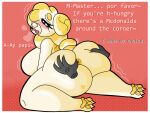  4:3 anthro anus beauty_mark big_breasts big_butt birthmark bomba_world12 breasts butt butt_grab dialogue disembodied_hand english_text female fidough food food_creature generation_9_pokemon hand_on_butt heavy_blush hi_res interspecies kneeling markings nervous nintendo pawpads pokemon pokemon_(species) pokephilia shaking solo spread_butt spreading tail_motion tailwag text thick_thighs trembling video_games 