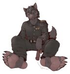  anthro belt bottomwear brown_body brown_fur claws clothing digit_ring epaulette feet foot_fetish foot_focus footwear fur grey_eyes hi_res jewelry kredri looking_at_viewer male mantle medal military_jacket military_uniform pants pawpads ring sitting socks solo spread_legs spreading toe_claws toe_ring uniform 