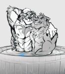  anthro bathing bearlyfeline chest_tuft claws clothing duo eye_contact felid fur hands_behind_head hands_on_shoulders hands_on_sides hat headgear headwear hi_res looking_at_another male male/male mammal muscular muscular_anthro muscular_male nipples nude pantherine smile striped_body striped_fur stripes tiger tuft water 