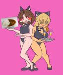  2girls absurdres alcohol animal_ears bangs benikurage_(cookie) black_bow black_bowtie black_footwear black_shirt blonde_hair blue_bow blush bow bowtie braid breasts bright_pupils brown_hair cat_ears champagne champagne_flute cleavage cleavage_cutout clothing_cutout commentary_request cookie_(touhou) crop_top cup curry curry_rice drinking_glass fang food full_body green_eyes hair_between_eyes hair_bow hakurei_reimu high_heels highres holding holding_tray jijii_(nicoseiga91467756) kirisame_marisa large_breasts long_hair looking_at_viewer mars_(cookie) multiple_girls navel no_socks open_mouth parody pink_background red_eyes rice scotch_(cookie)_(style) shirt side_braid simple_background single_braid sleeveless sleeveless_shirt small_breasts smile standing style_parody sweatdrop touhou tray white_pupils 