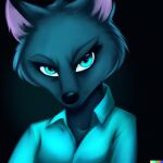  anthro artificial_intelligence blue_body blue_fur canid canine clothing dall-e female fox fur looking_at_viewer mammal pink_ears shirt solo topwear 