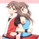 1boy 1girl bangs blue_shirt blush brown_eyes brown_hair commentary_request eyelashes from_side grin jacket leaf_(pokemon) locked_arms long_hair looking_at_viewer pants parted_lips pokemon pokemon_(game) pokemon_frlg popped_collar red_(pokemon) red_jacket red_skirt scbstella shirt short_hair short_sleeves skirt sleeveless sleeveless_jacket sleeveless_shirt smile teeth wristband 