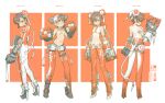  4girls absurdres bikini from_behind highres looking_at_viewer mechanical_arms multiple_girls ne_baozi orange_pants original pants pout shapes standing stomach swimsuit white_pants writing 