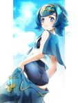  1girl blue_eyes blue_hair blue_pants bright_pupils clear_glass_(mildmild1311) closed_mouth clothes_pull cloud commentary_request day hairband highres lana_(pokemon) no_sclera one-piece_swimsuit pants pants_pull pillarboxed pokemon pokemon_(game) pokemon_sm shirt short_hair signature sky sleeveless sleeveless_shirt smile solo swimsuit swimsuit_under_clothes white_pupils white_shirt yellow_hairband 