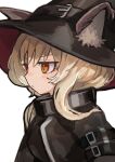  1girl absurdres animal_ears arknights black_headwear black_jacket blonde_hair buchi0122 cat_ears cat_girl ears_through_headwear from_side hat hat_belt haze_(arknights) highres jacket long_hair long_sleeves sidelocks simple_background solo upper_body white_background witch_hat 